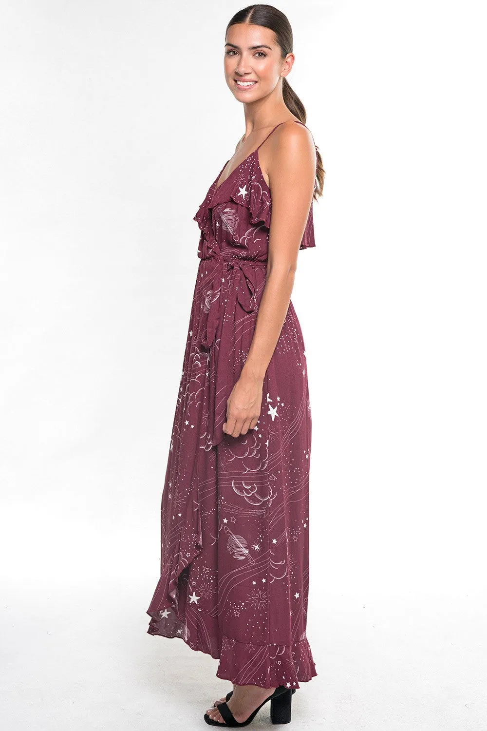 Stardust Print Plunge V Neck Sleeveless Maxi Dress