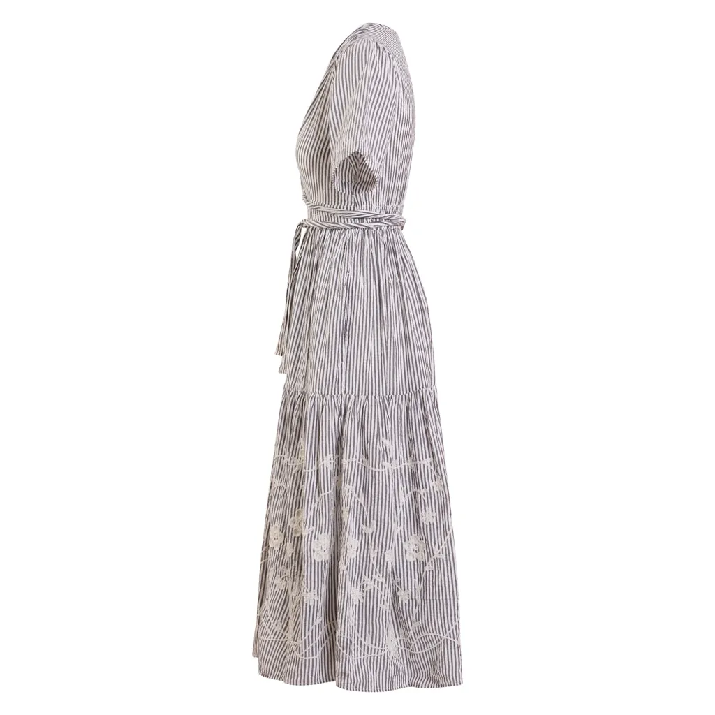 Steel Seersucker Wrap Dress