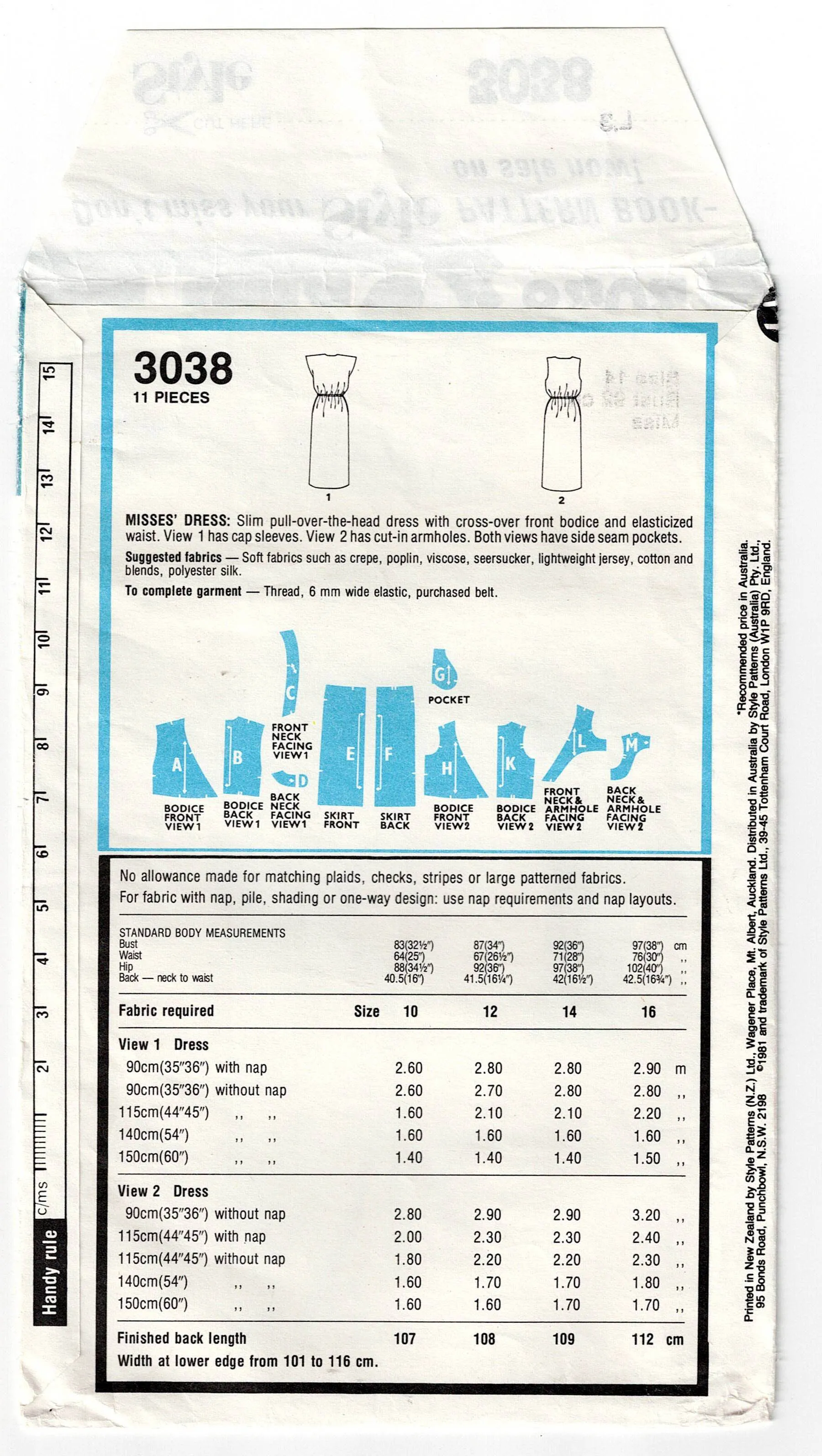 Style 3038 Womens Wrap Bodice Dress with Pockets 1980s Vintage Sewing Pattern Size 14 Bust 36 Inches