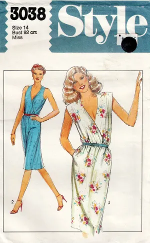 Style 3038 Womens Wrap Bodice Dress with Pockets 1980s Vintage Sewing Pattern Size 14 Bust 36 Inches