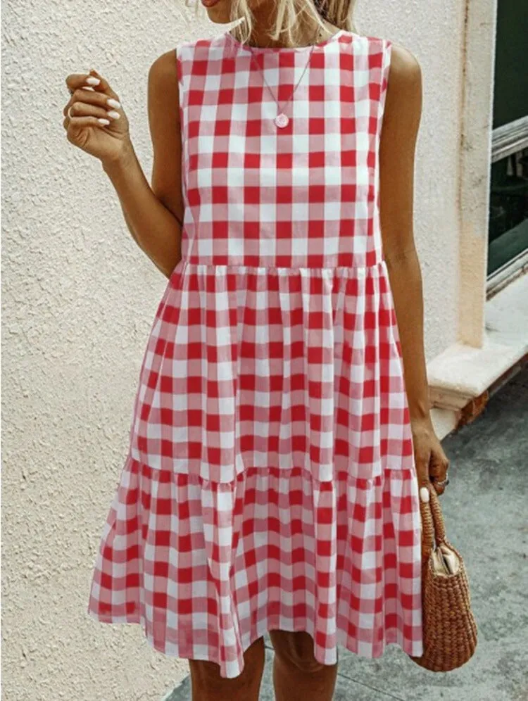 Summer Casual Pocket Plaid Sleeveless Spliced Flare Loose Cami Dress Europe Trendy Pocket Dress