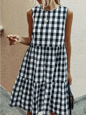 Summer Casual Pocket Plaid Sleeveless Spliced Flare Loose Cami Dress Europe Trendy Pocket Dress