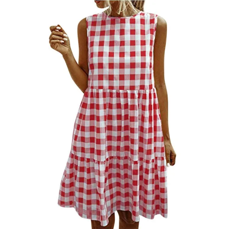 Summer Casual Pocket Plaid Sleeveless Spliced Flare Loose Cami Dress Europe Trendy Pocket Dress