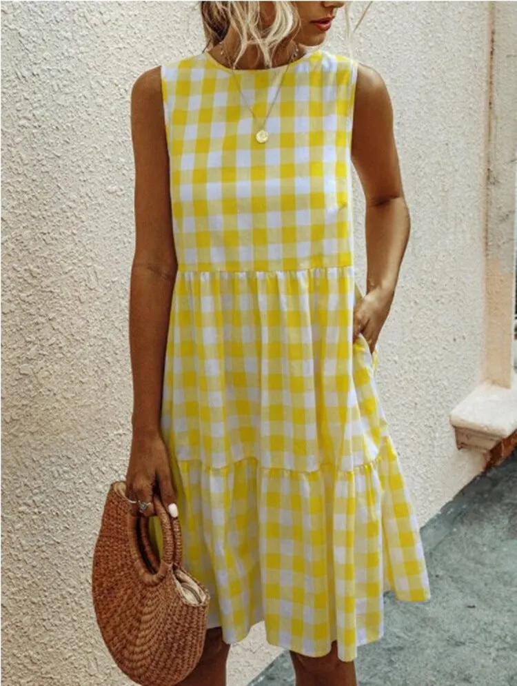 Summer Casual Pocket Plaid Sleeveless Spliced Flare Loose Cami Dress Europe Trendy Pocket Dress