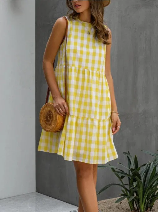 Summer Casual Pocket Plaid Sleeveless Spliced Flare Loose Cami Dress Europe Trendy Pocket Dress