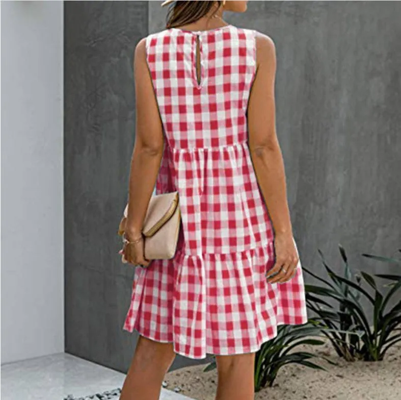 Summer Casual Pocket Plaid Sleeveless Spliced Flare Loose Cami Dress Europe Trendy Pocket Dress