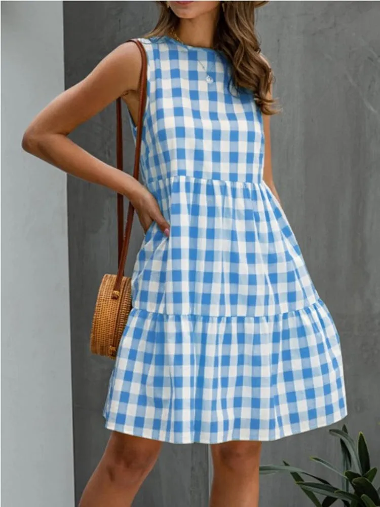Summer Casual Pocket Plaid Sleeveless Spliced Flare Loose Cami Dress Europe Trendy Pocket Dress