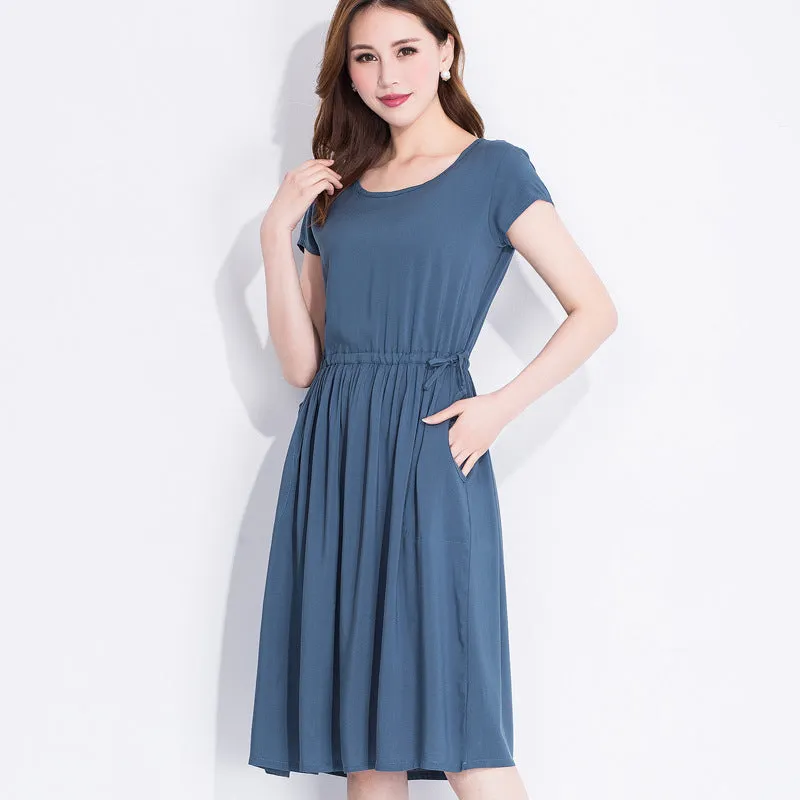 Summer Women Cotton Dress Short Sleeve Round-Neck Solid Colored Boho Mid-Length Beach Pocket Dress