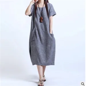 Summer Women Trendy Popular Loose Pocket Long Plus Size MM Casual Dress Pocket Dress