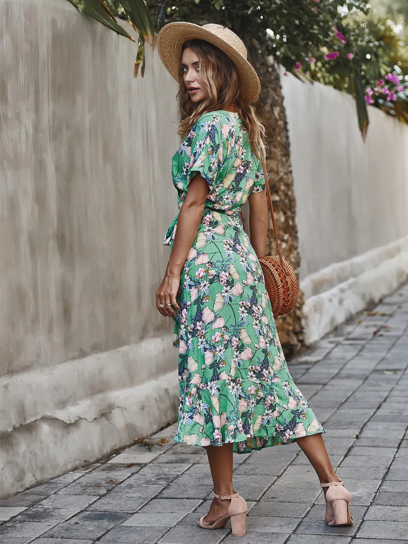 Summer Wrap Midi Dress In Mint Floral Print