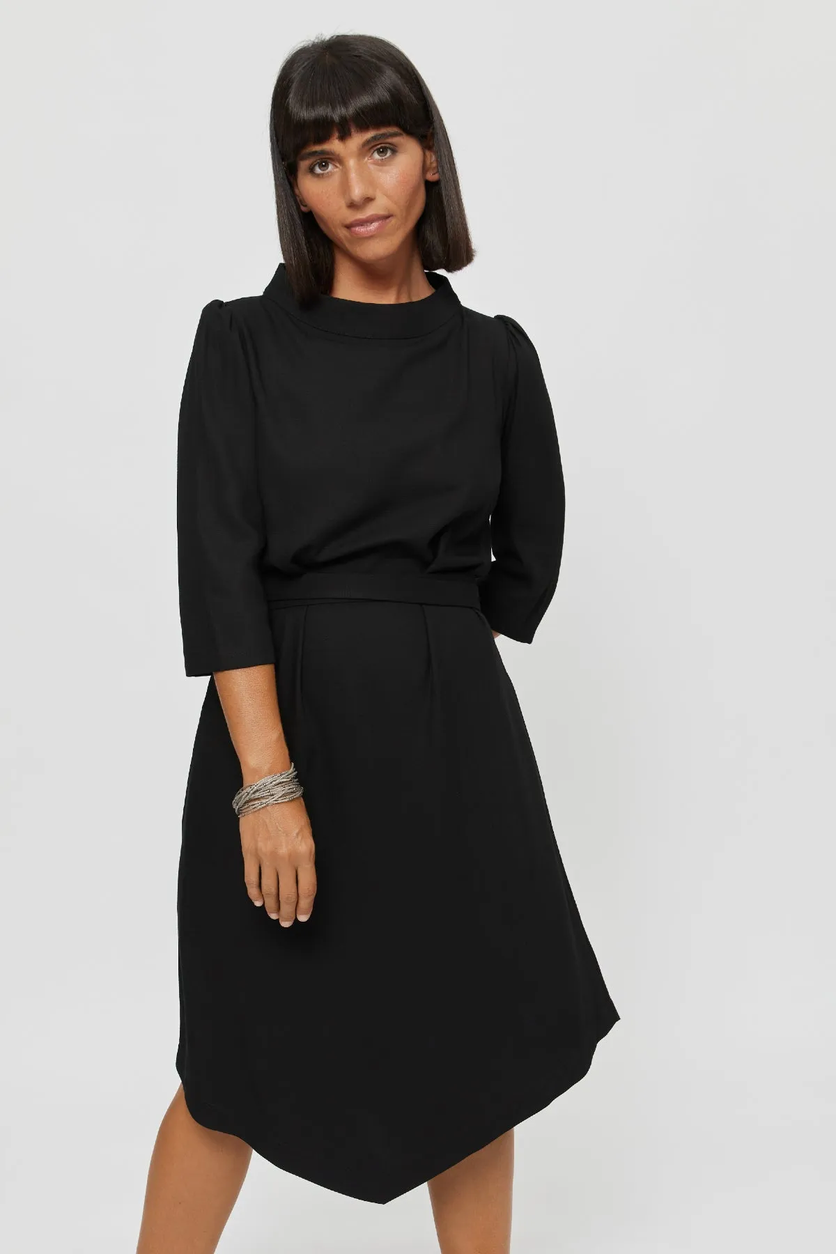 Suzi | Belted Angle Dress with Boat Neckline in Black