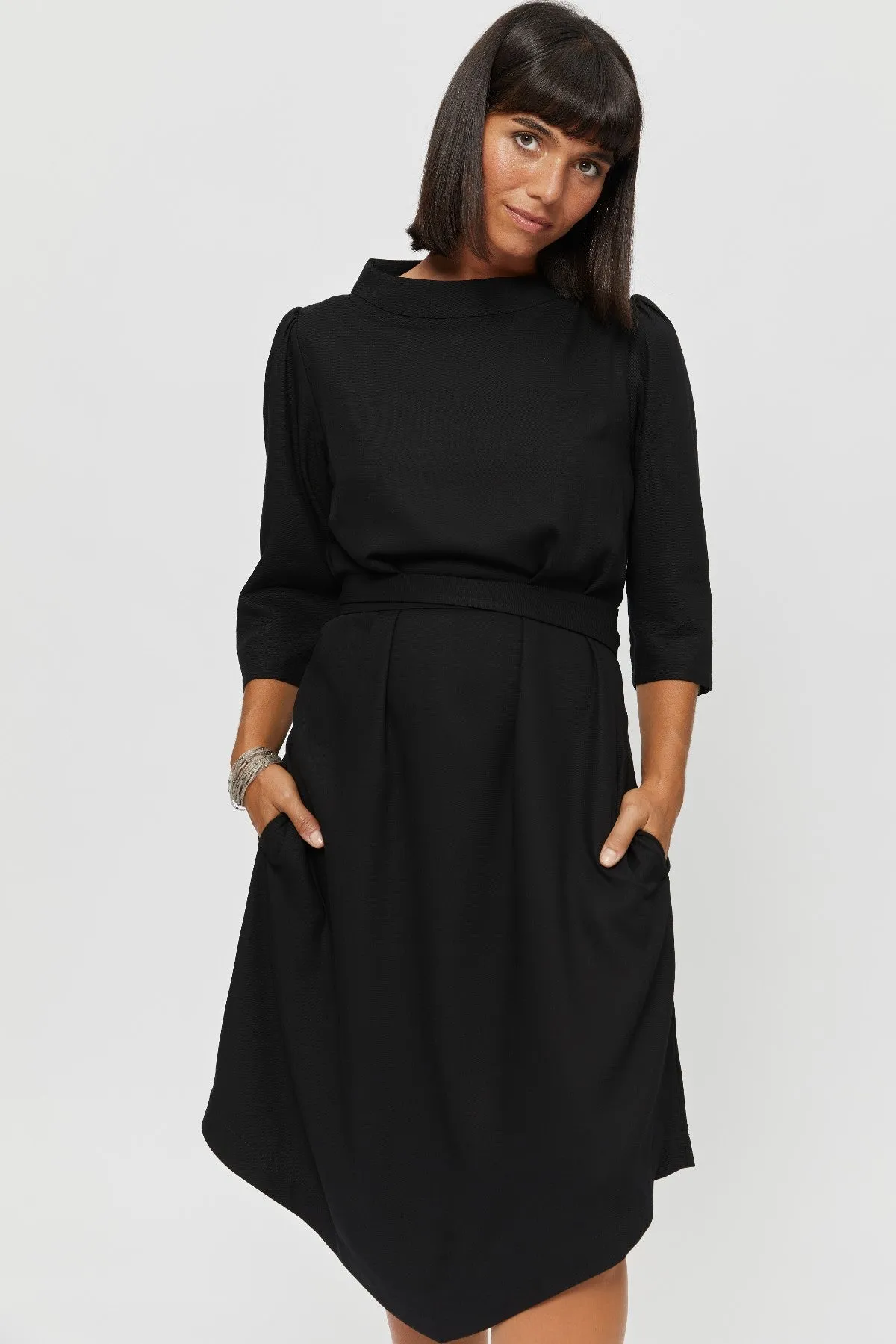 Suzi | Belted Angle Dress with Boat Neckline in Black