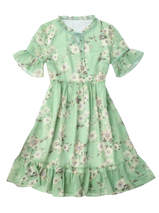 TastyHottie - Stunning Ruffles Tiny Floral Chiffon Dress