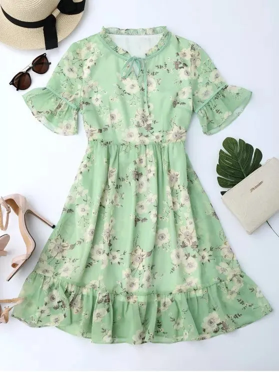 TastyHottie - Stunning Ruffles Tiny Floral Chiffon Dress