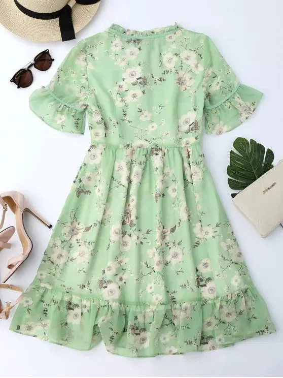 TastyHottie - Stunning Ruffles Tiny Floral Chiffon Dress