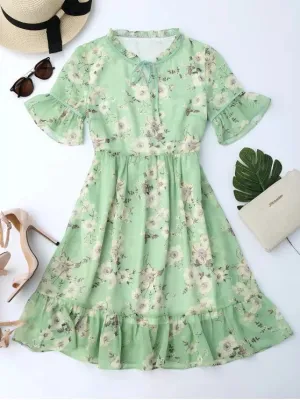 TastyHottie - Stunning Ruffles Tiny Floral Chiffon Dress