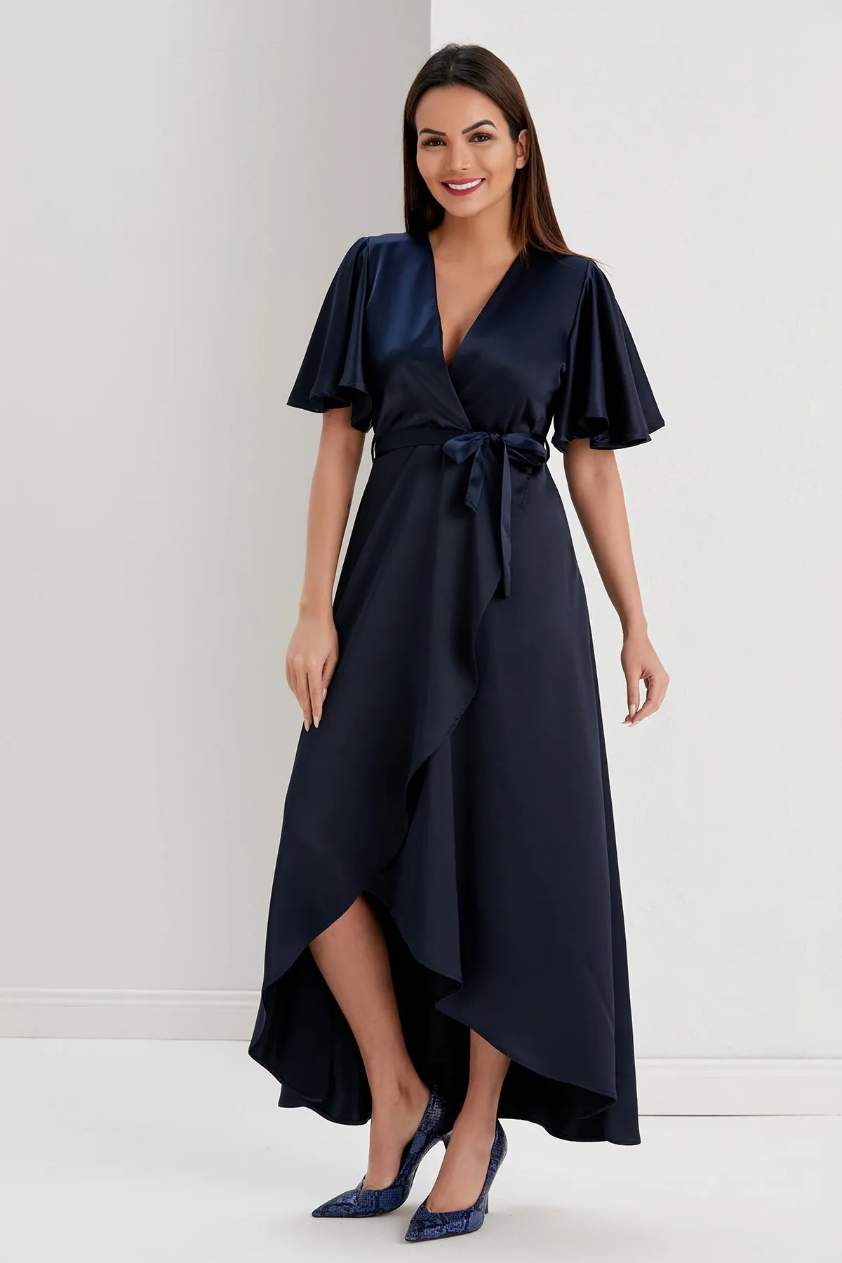 Tessa Navy Satin Wrap Midi Dress