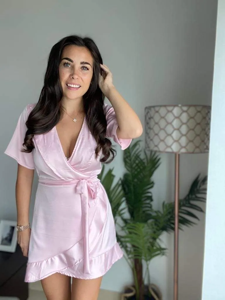 The Flirty Wrap Dress - Ice Pink Satin