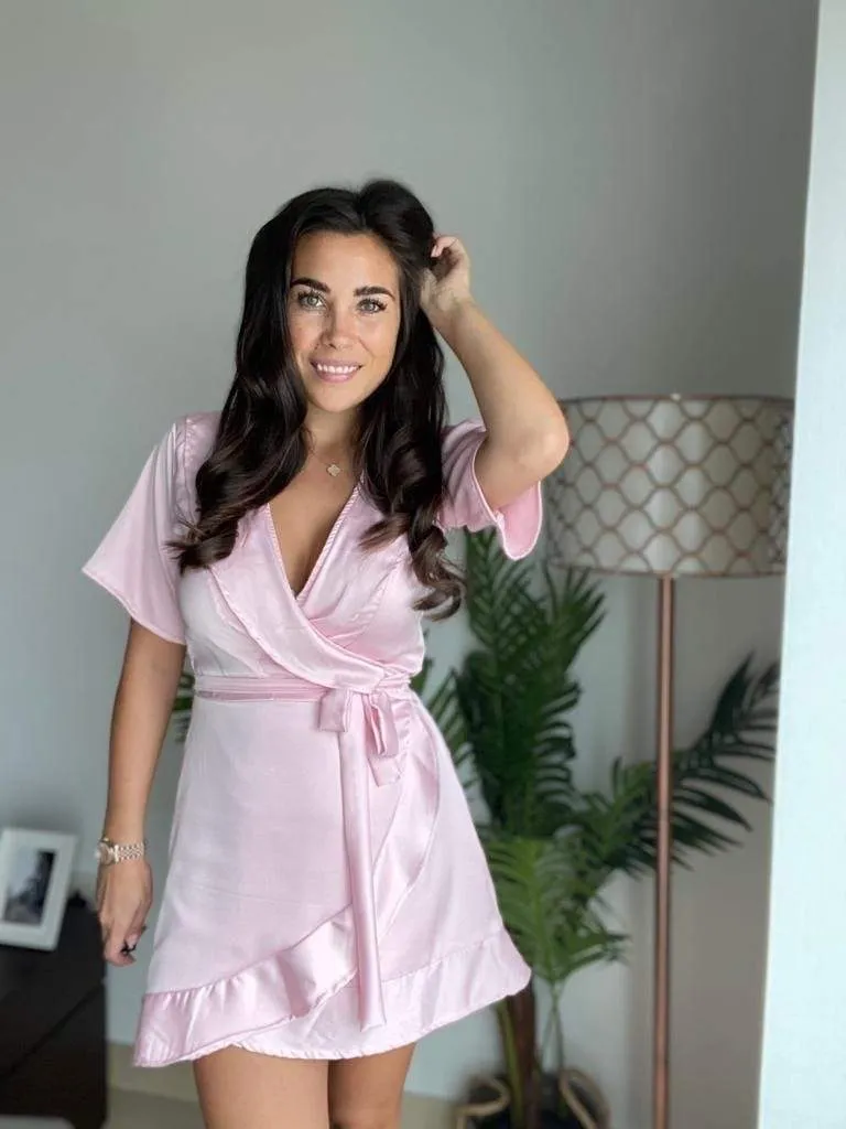 The Flirty Wrap Dress - Ice Pink Satin