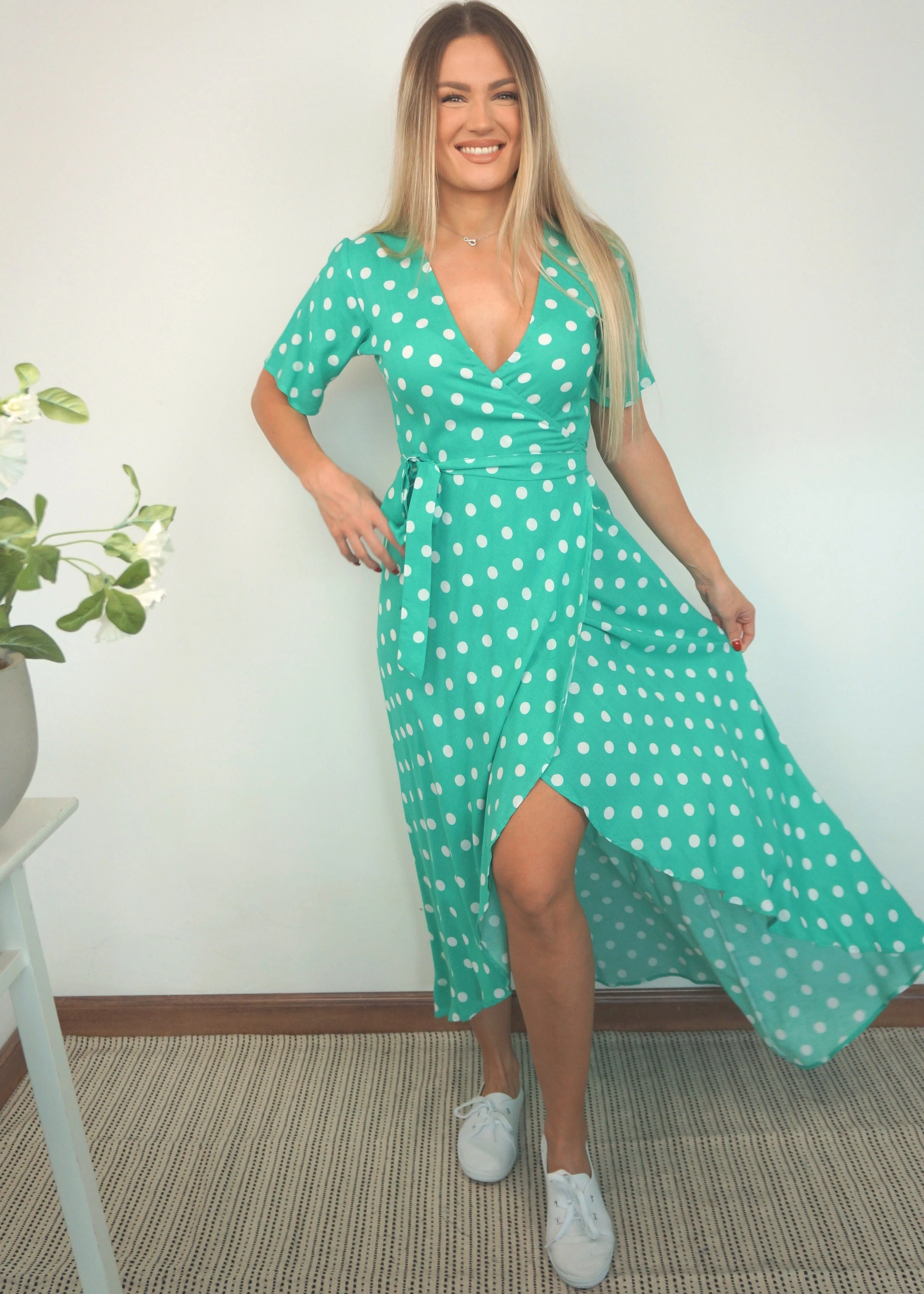 The Maxi Wrap Dress - Emerald Polka