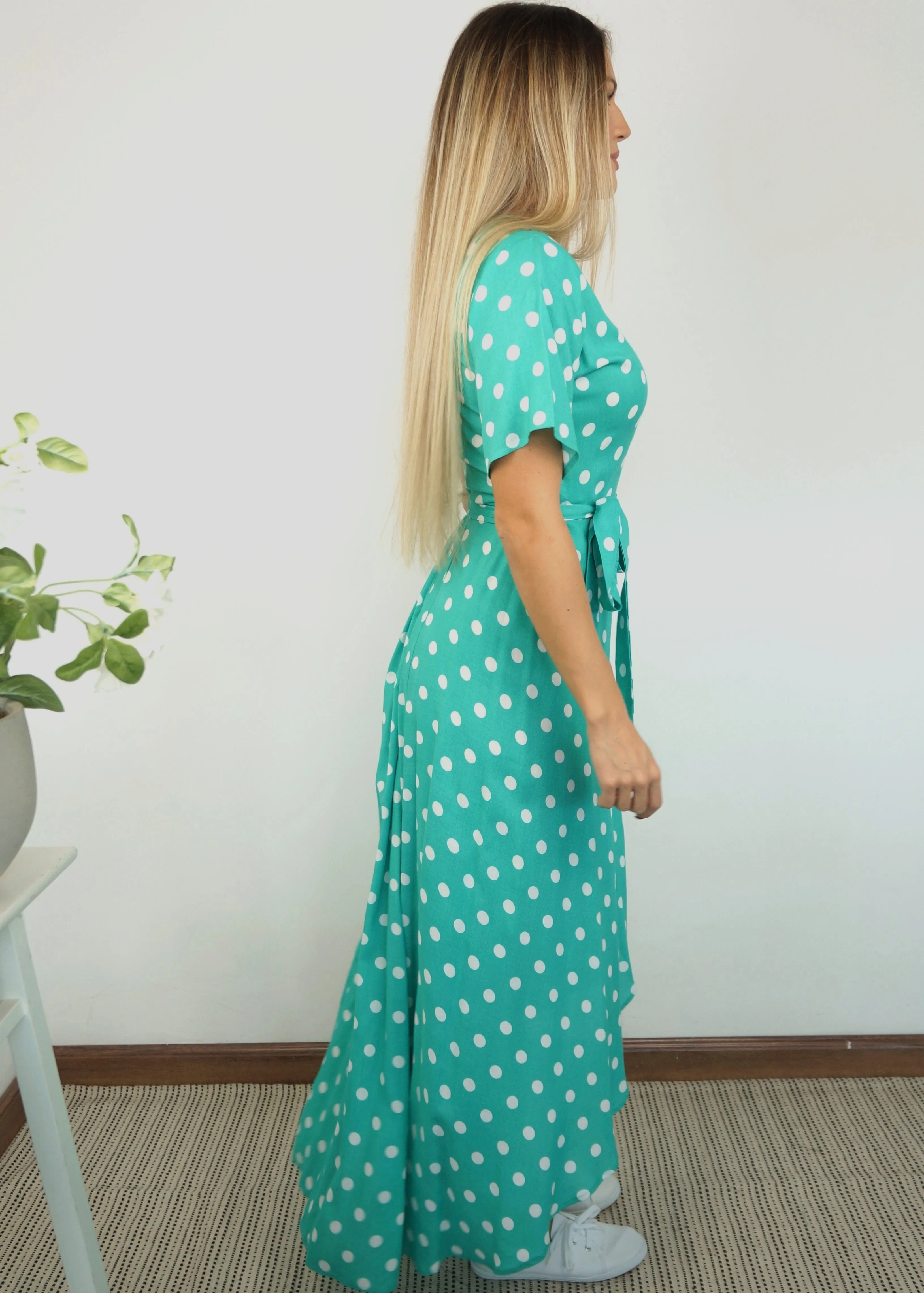 The Maxi Wrap Dress - Emerald Polka