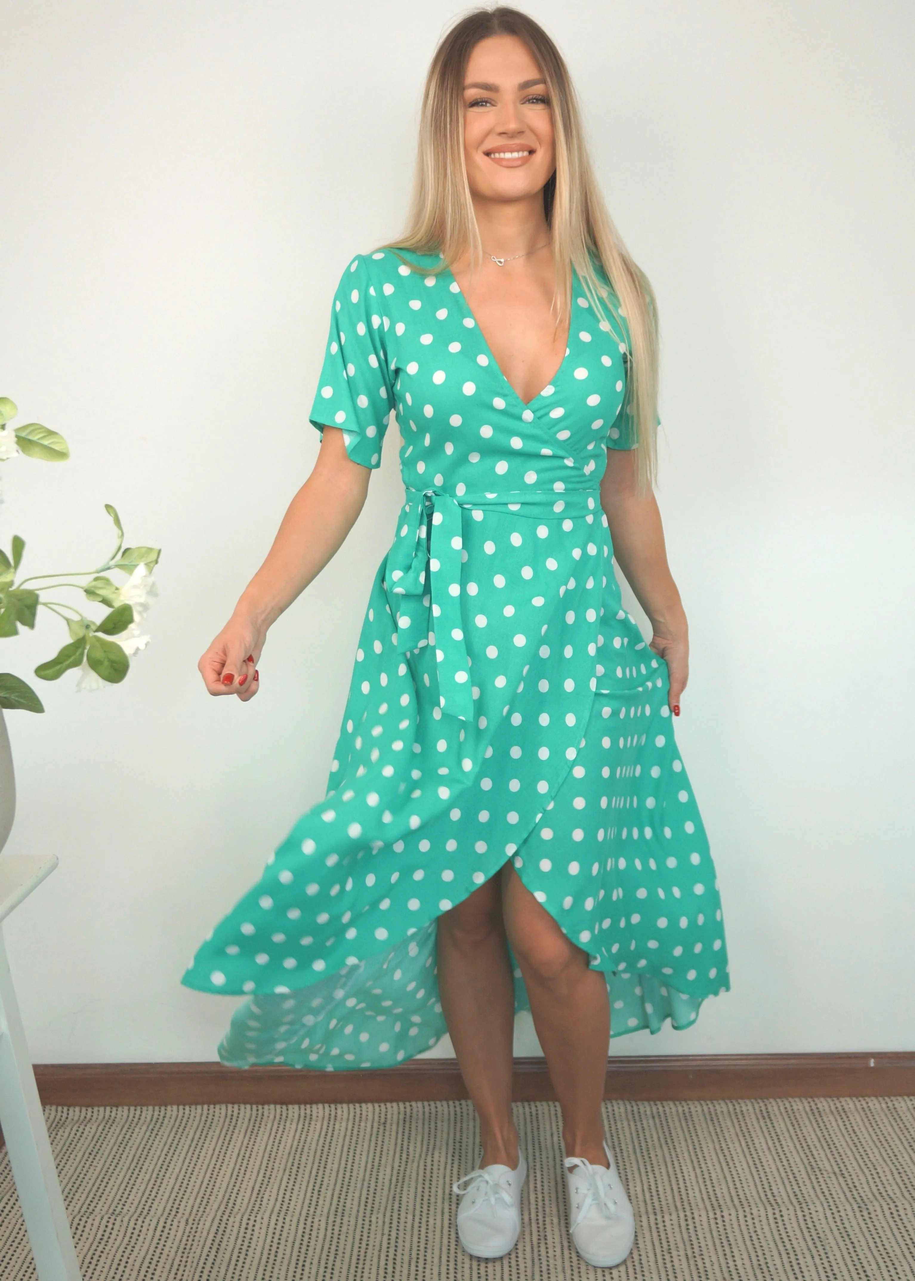 The Maxi Wrap Dress - Emerald Polka