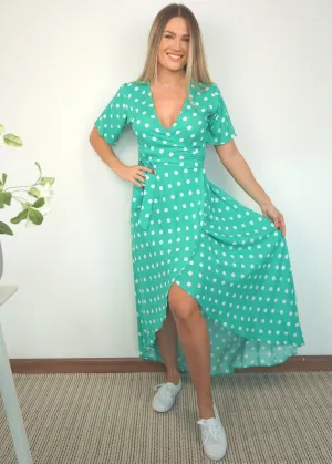 The Maxi Wrap Dress - Emerald Polka