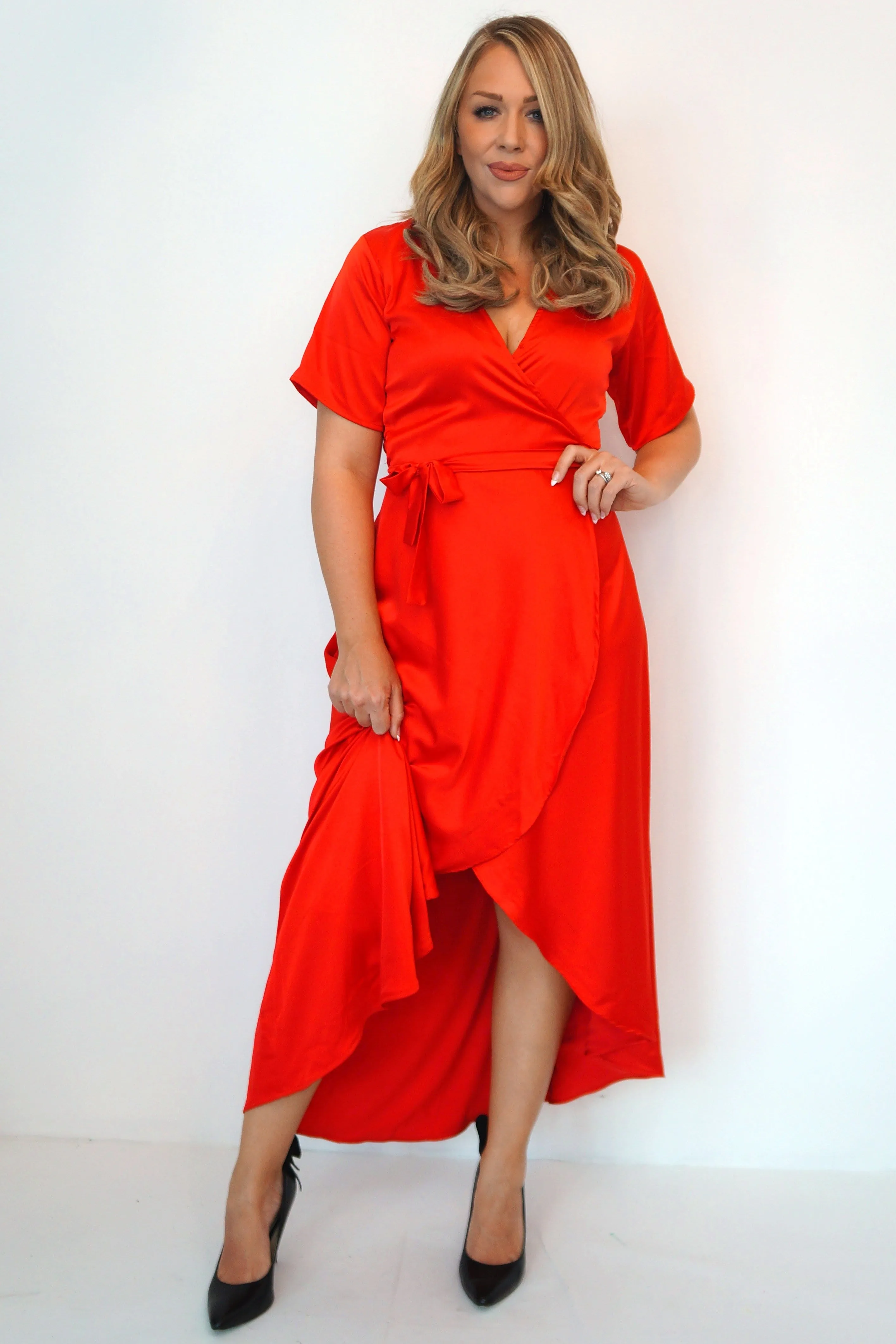 The Maxi Wrap Dress - Mac Red Satin