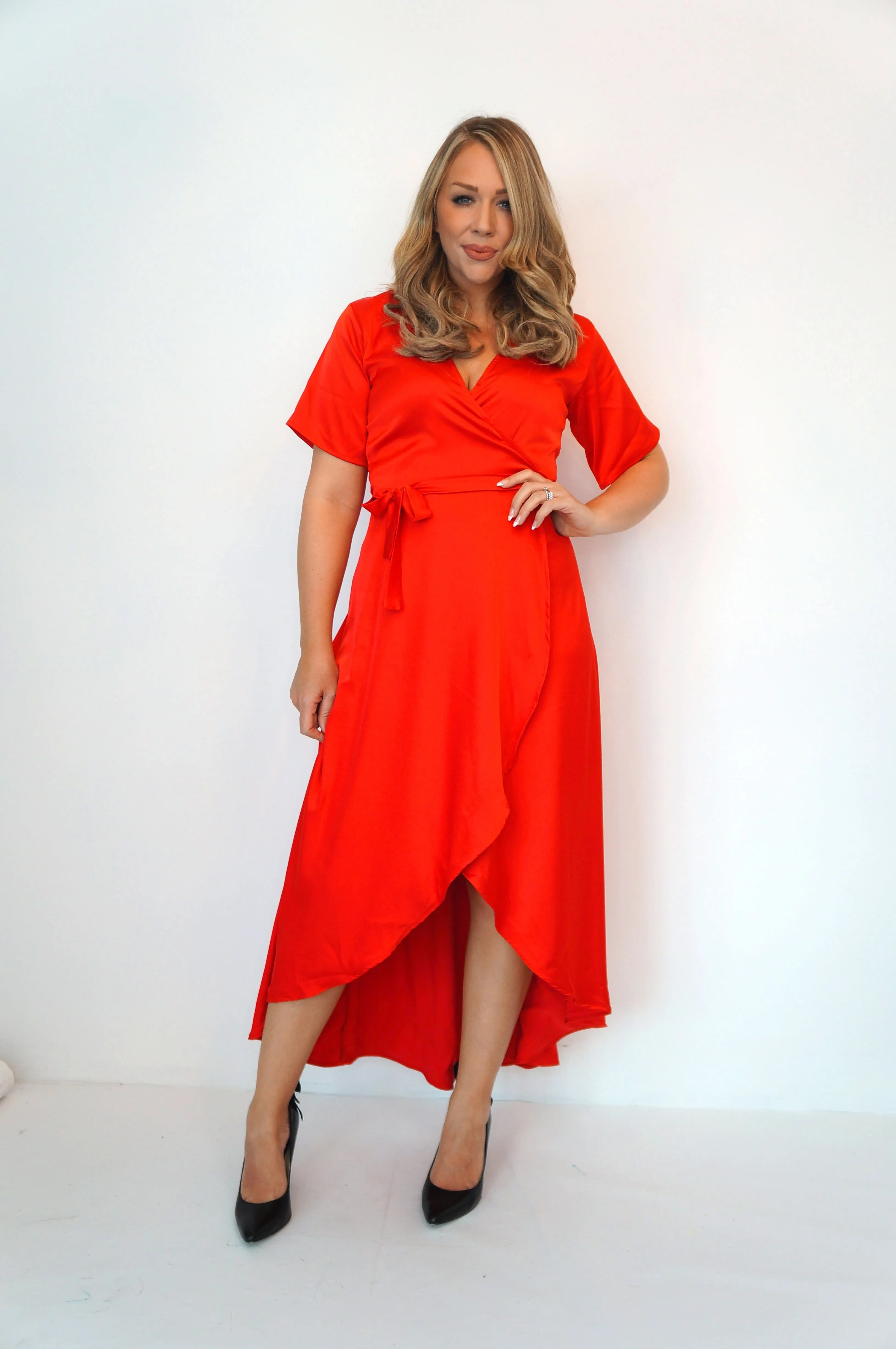 The Maxi Wrap Dress - Mac Red Satin