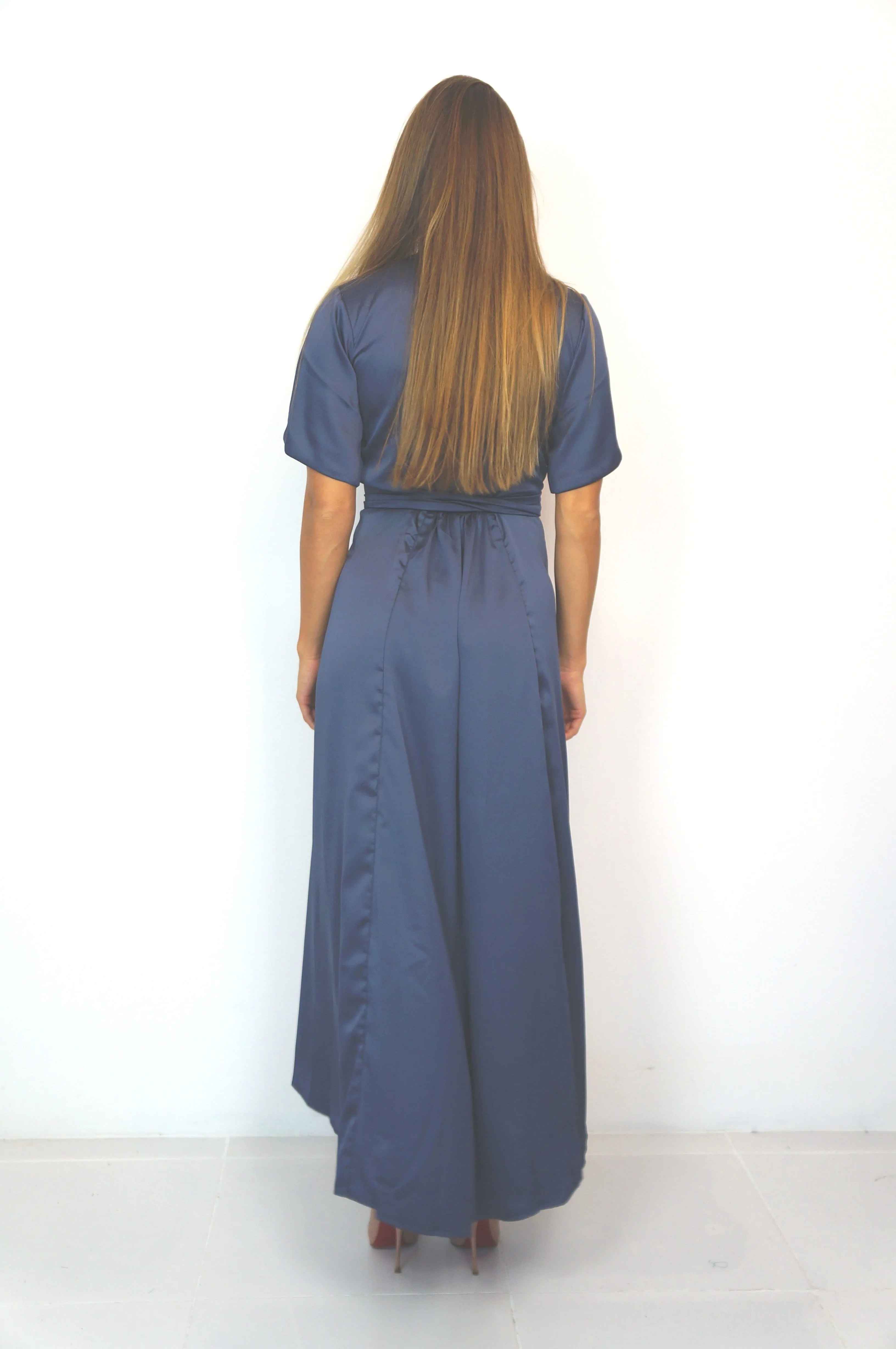 The Maxi Wrap Dress - Midnight Grey Satin