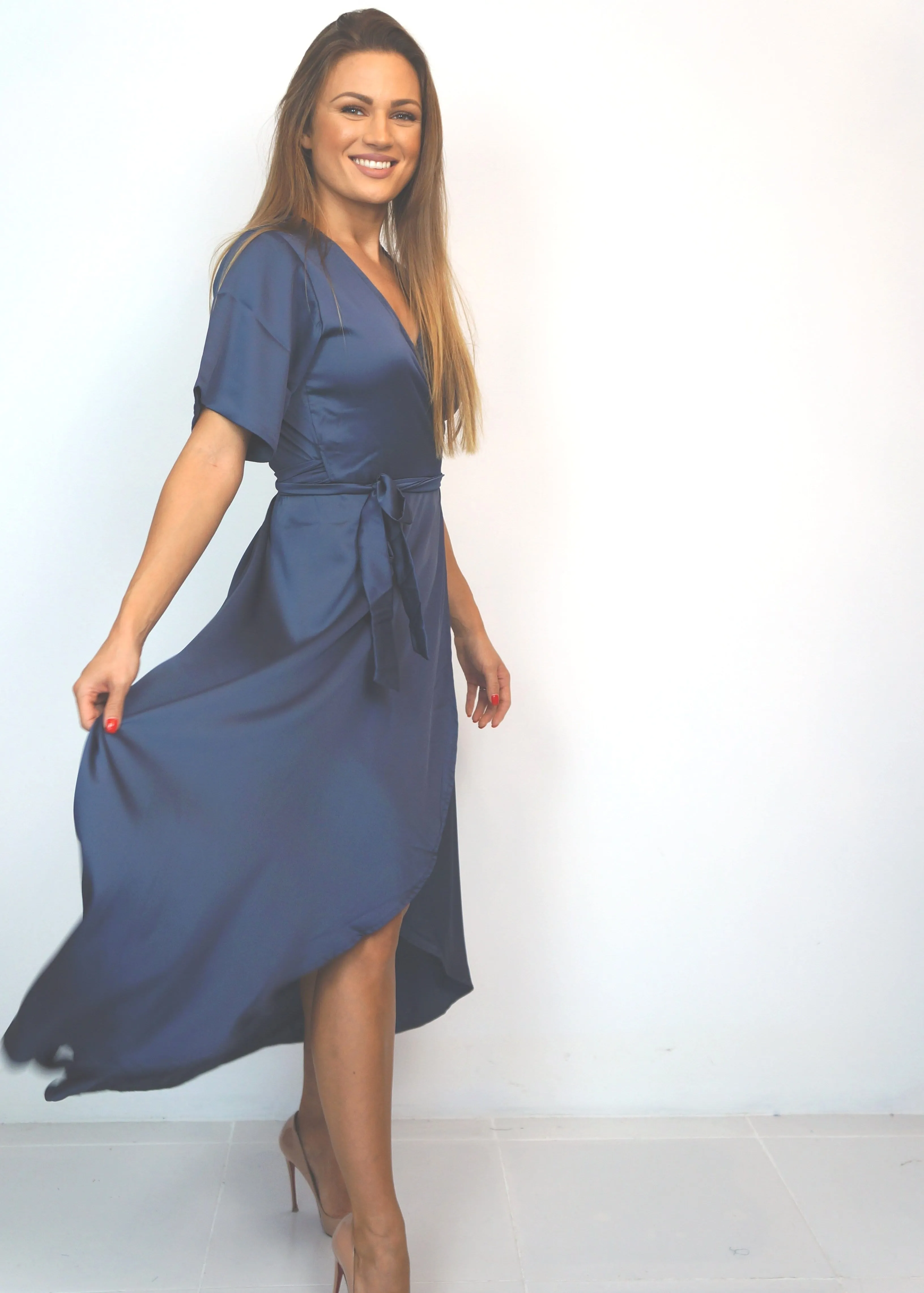 The Maxi Wrap Dress - Midnight Grey Satin