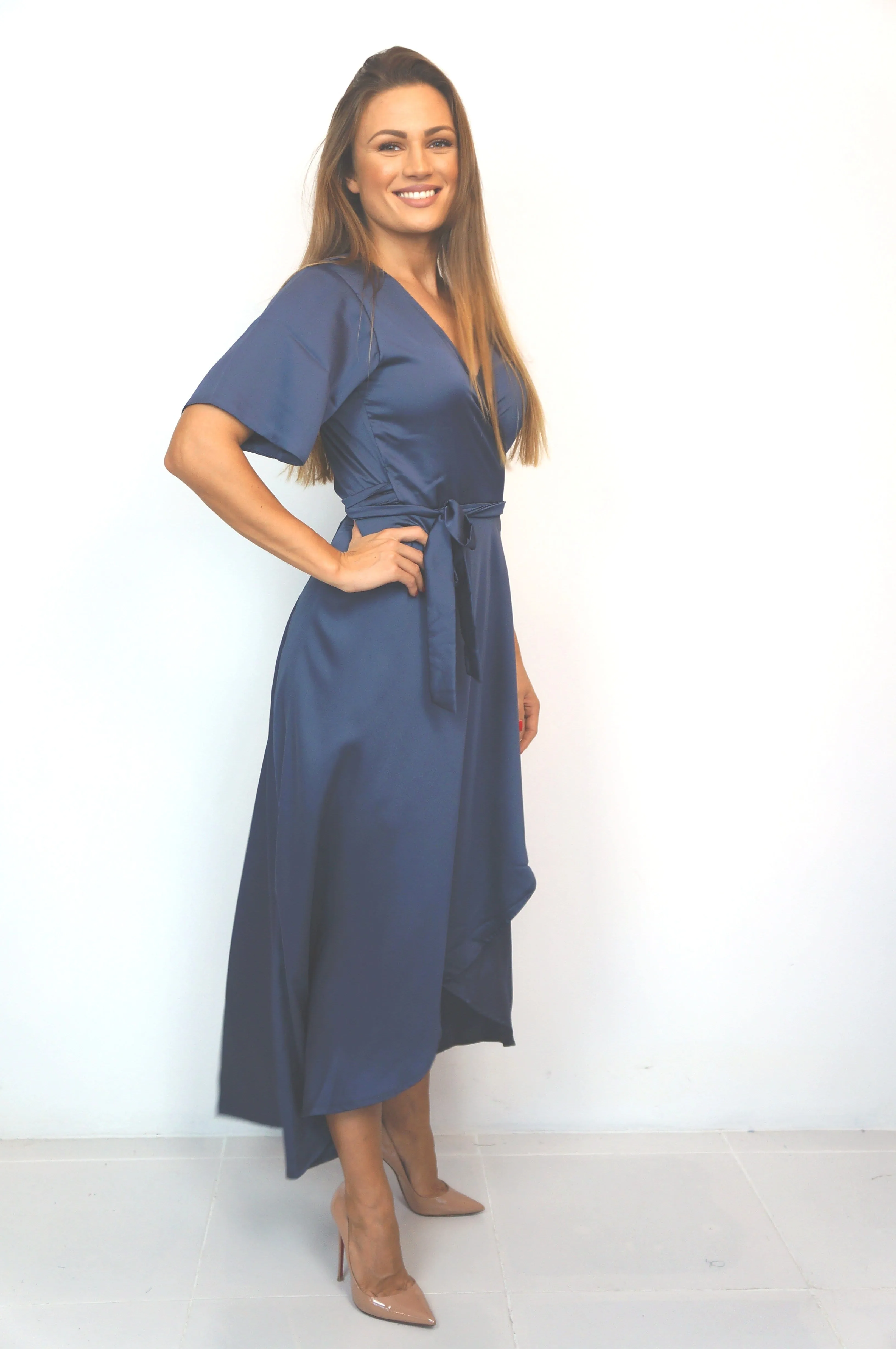 The Maxi Wrap Dress - Midnight Grey Satin