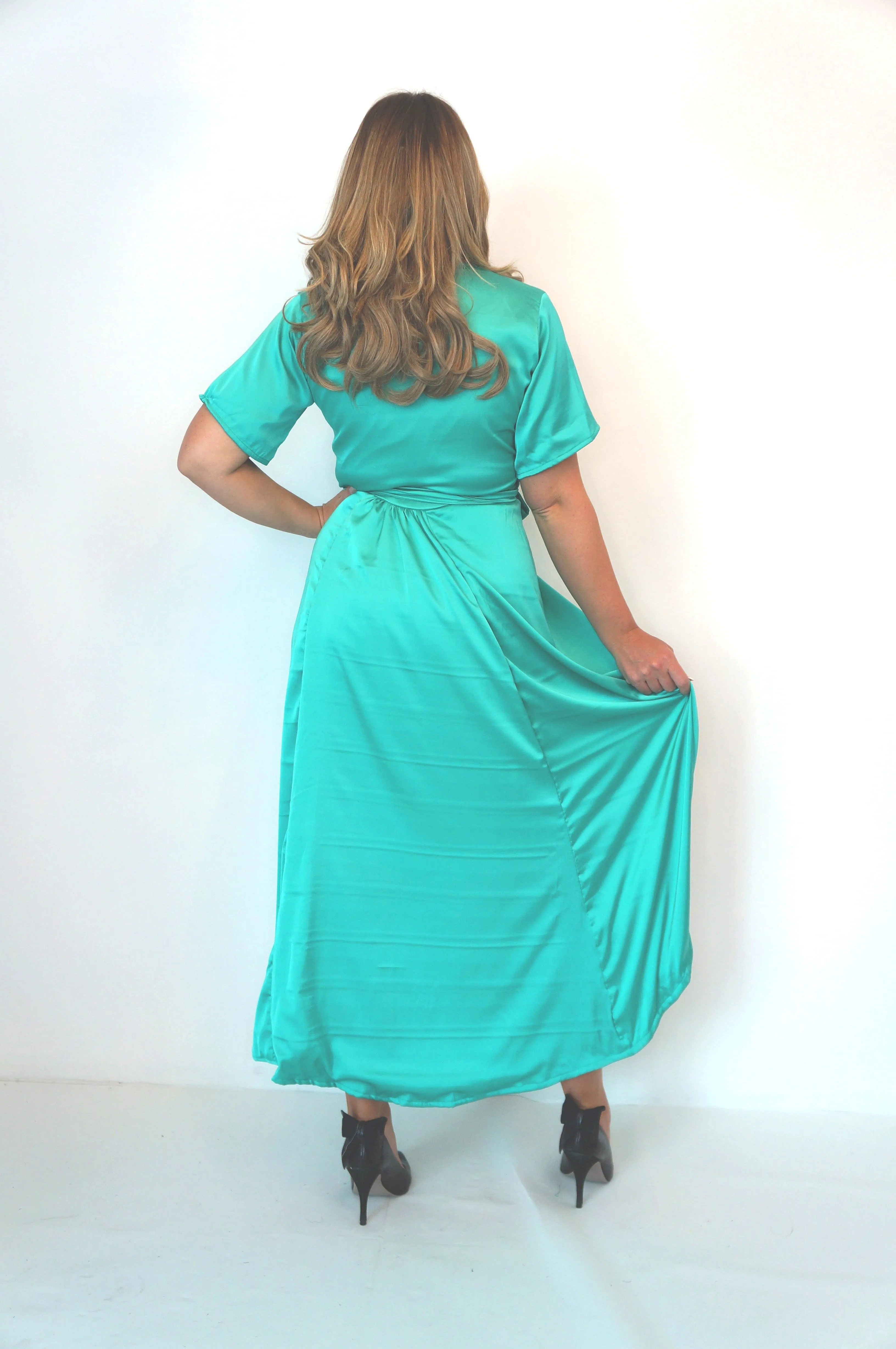 The Maxi Wrap Dress - Teal Satin