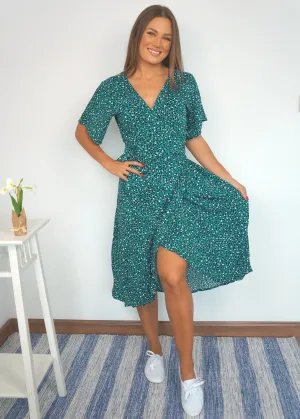 The Midi Wrap Dress - Emerald Splash