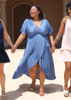 The Pleated Wrap Dress Curve - Slate Blue Pleats