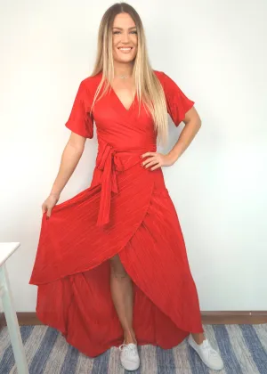 The Pleated Wrap Dress - Red Pleats