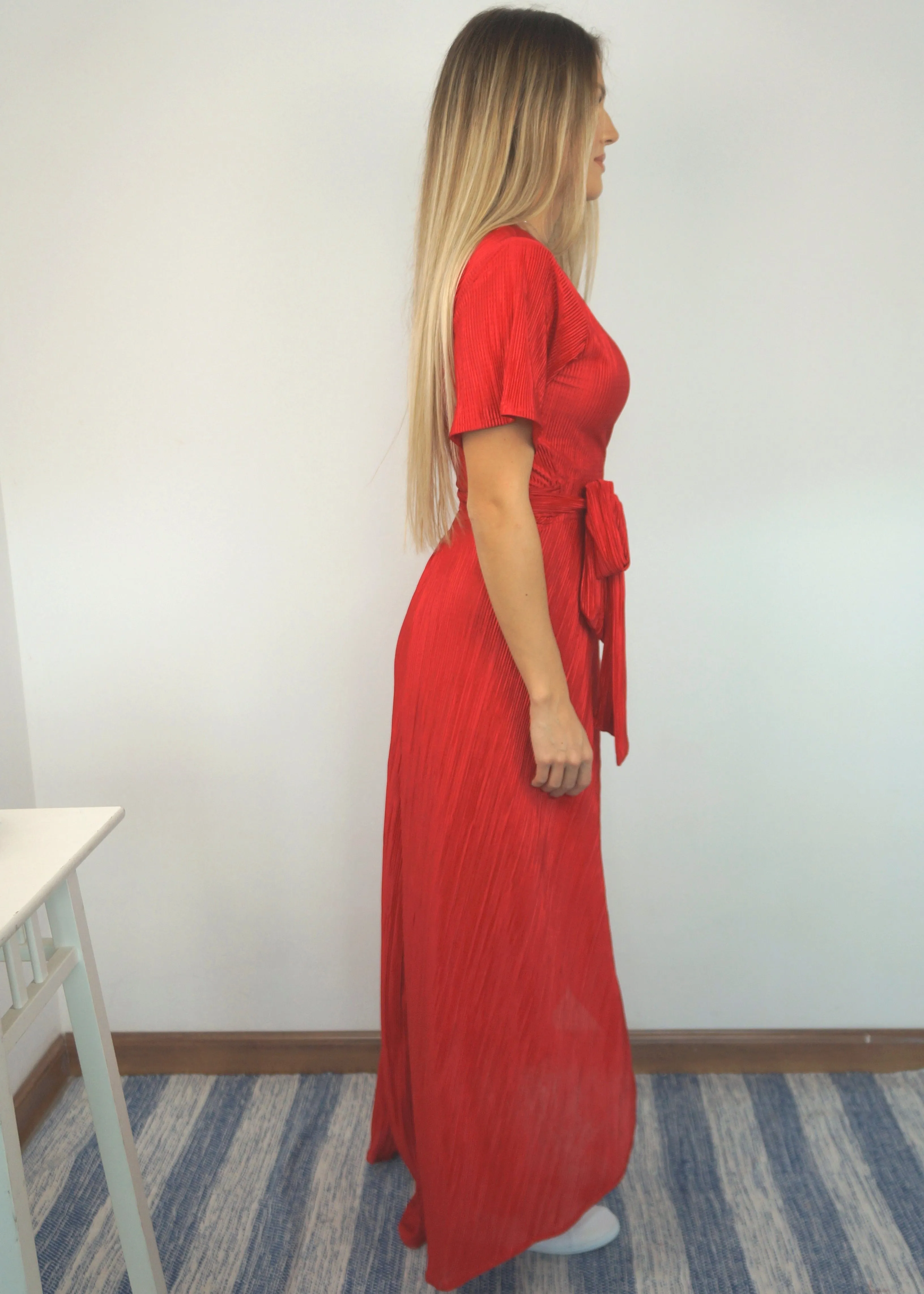 The Pleated Wrap Dress - Red Pleats