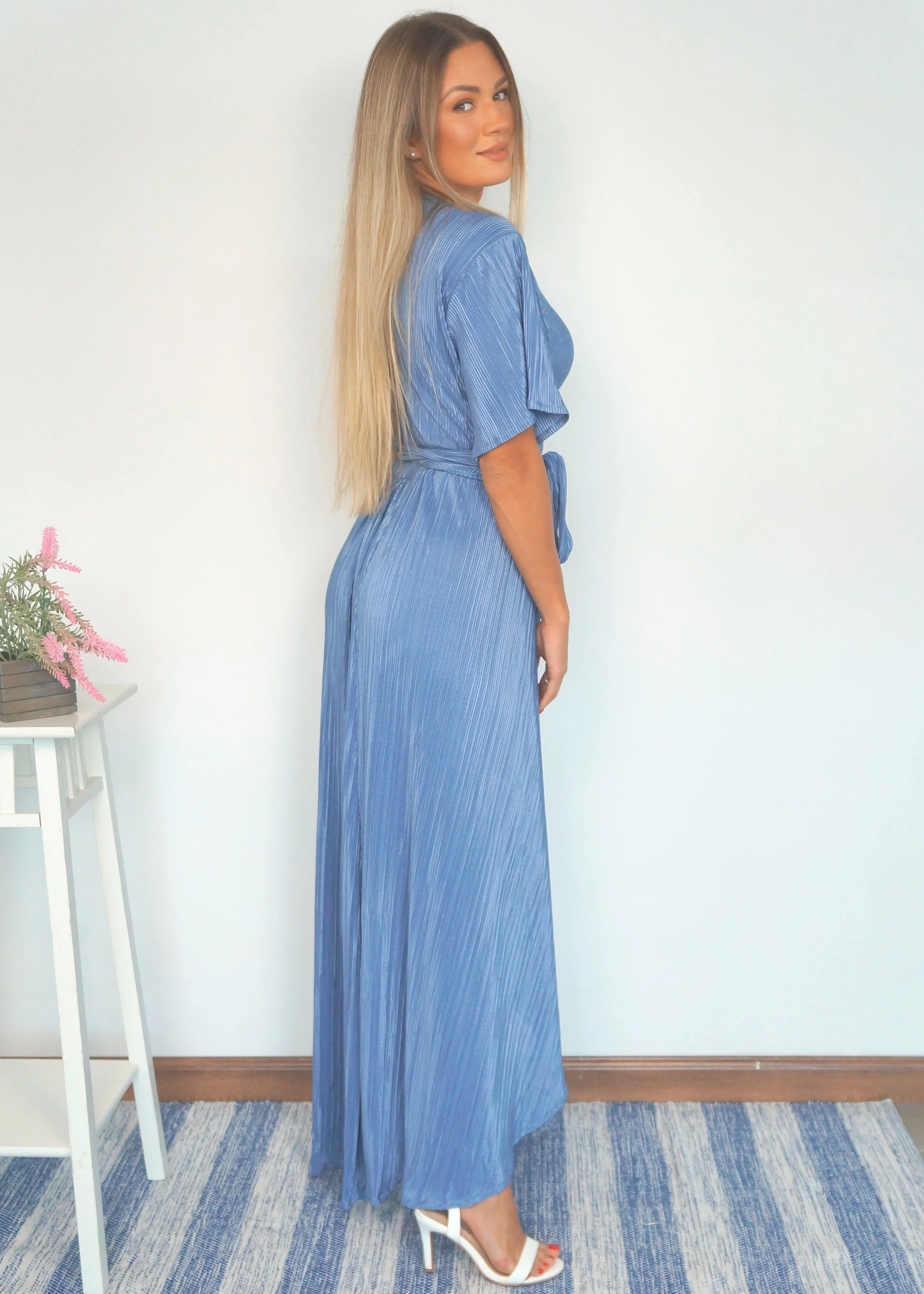 The Pleated Wrap Dress - Slate Blue Pleats