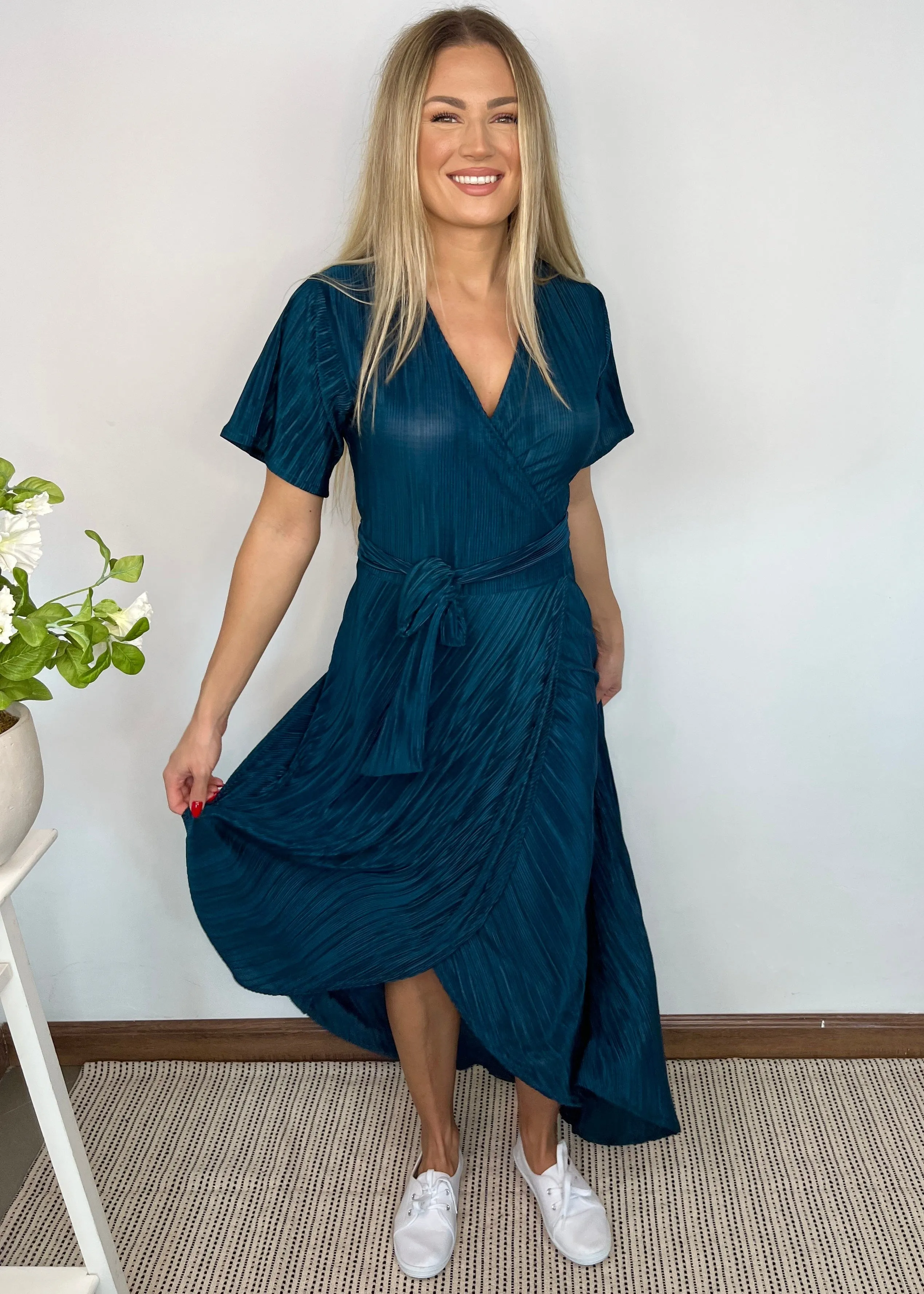 The Pleated Wrap Dress - Teal Pleats