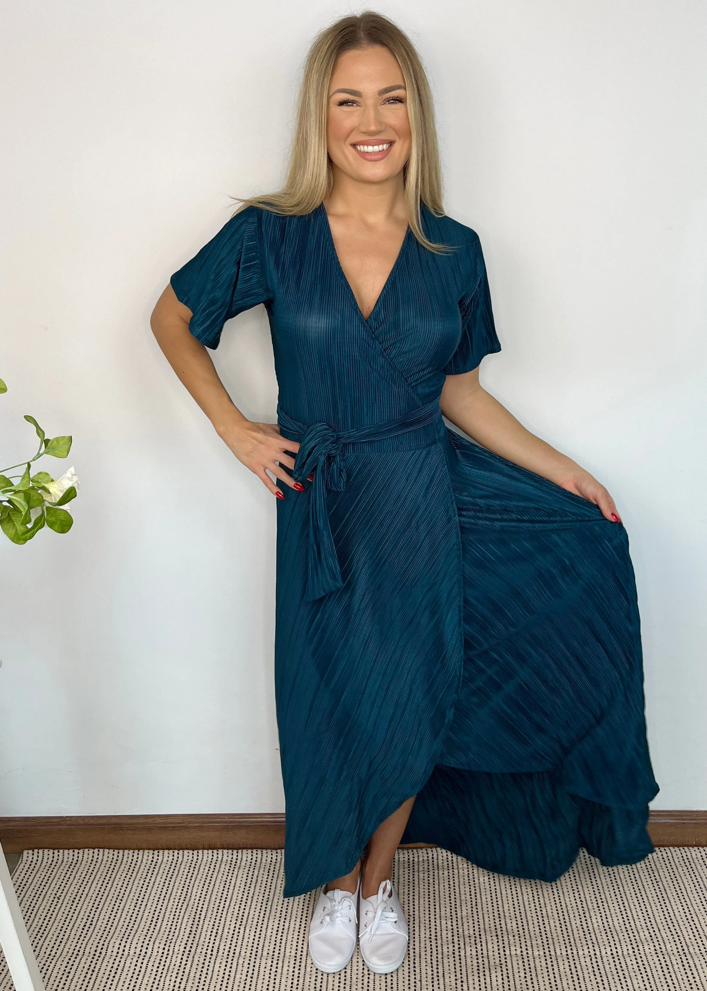 The Pleated Wrap Dress - Teal Pleats