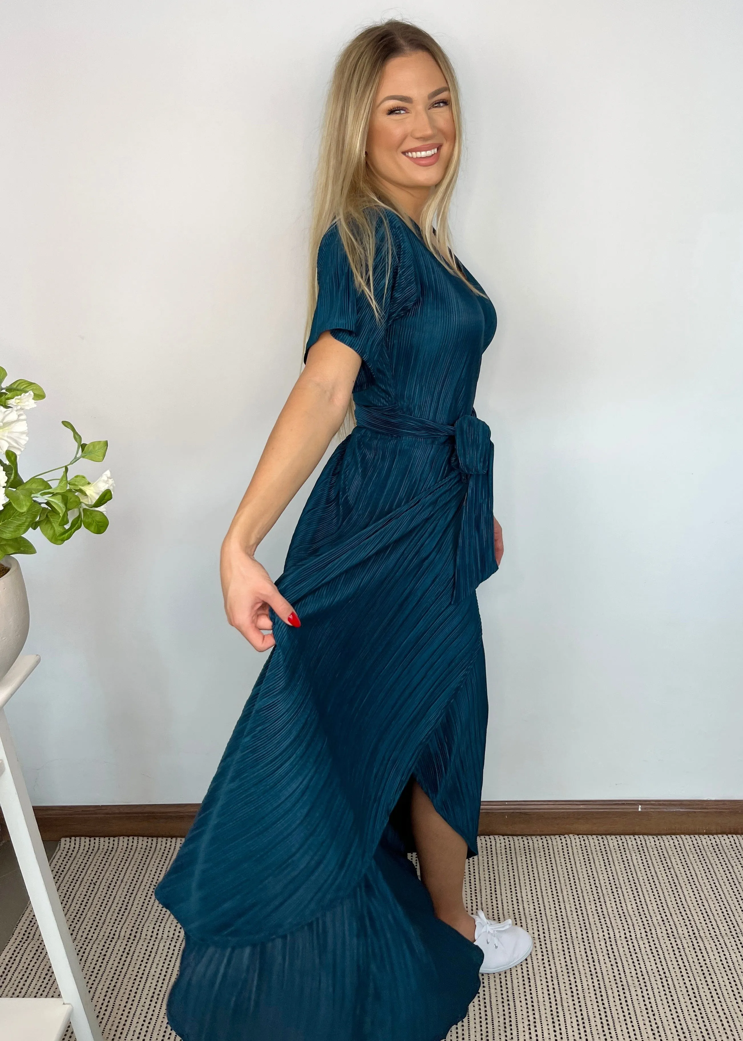 The Pleated Wrap Dress - Teal Pleats