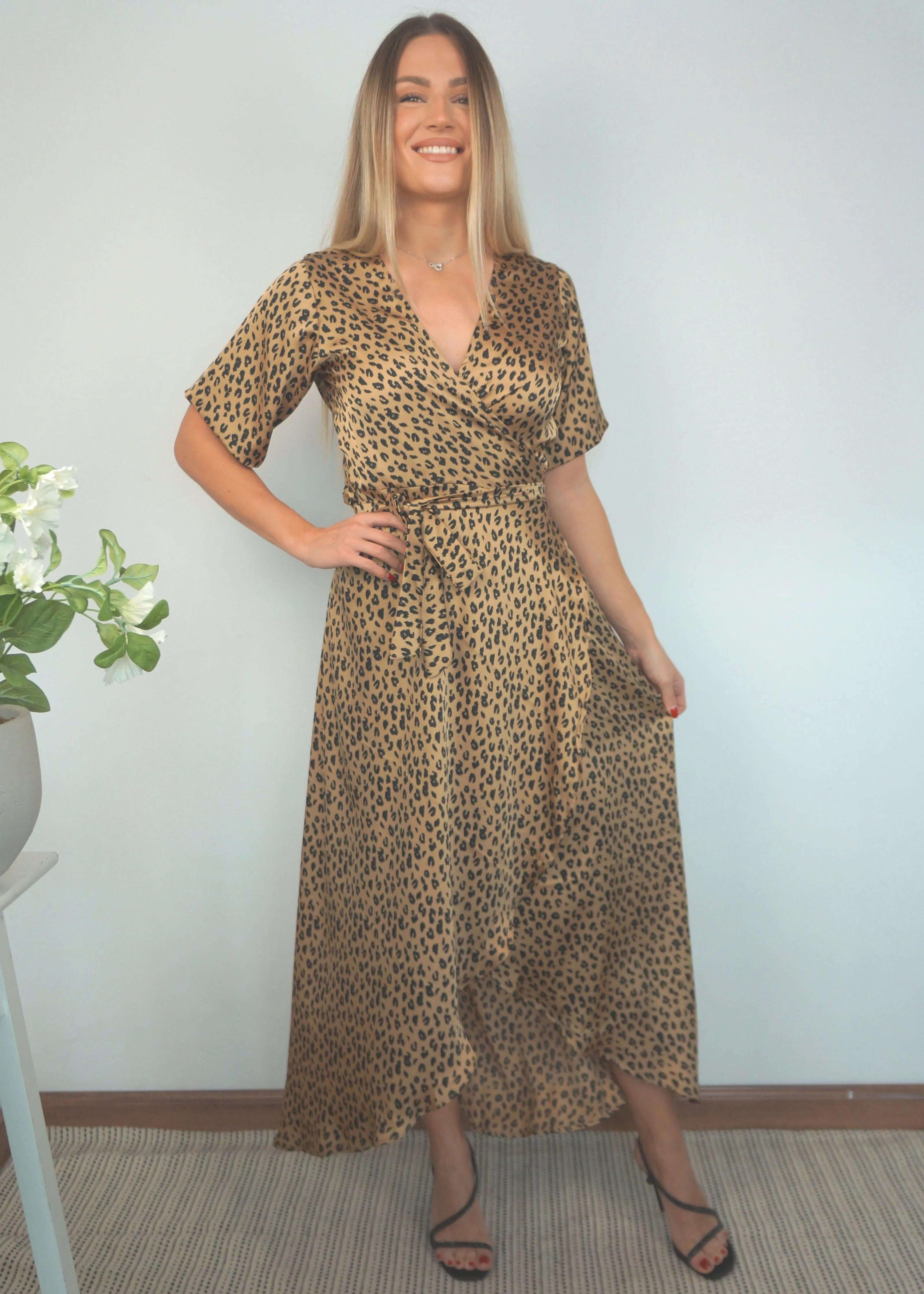 The Satin Wrap Dress - Leopard Gold