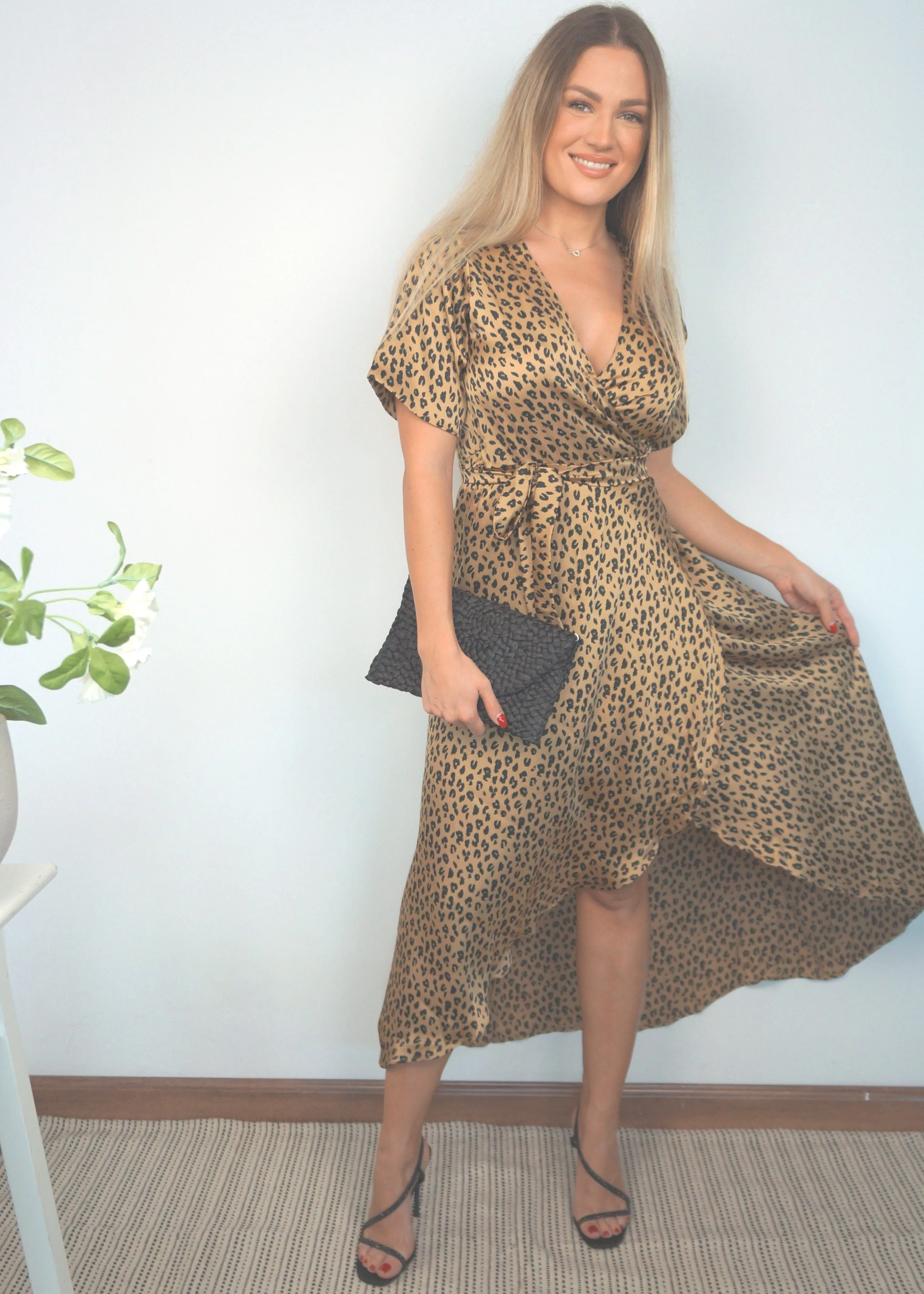 The Satin Wrap Dress - Leopard Gold