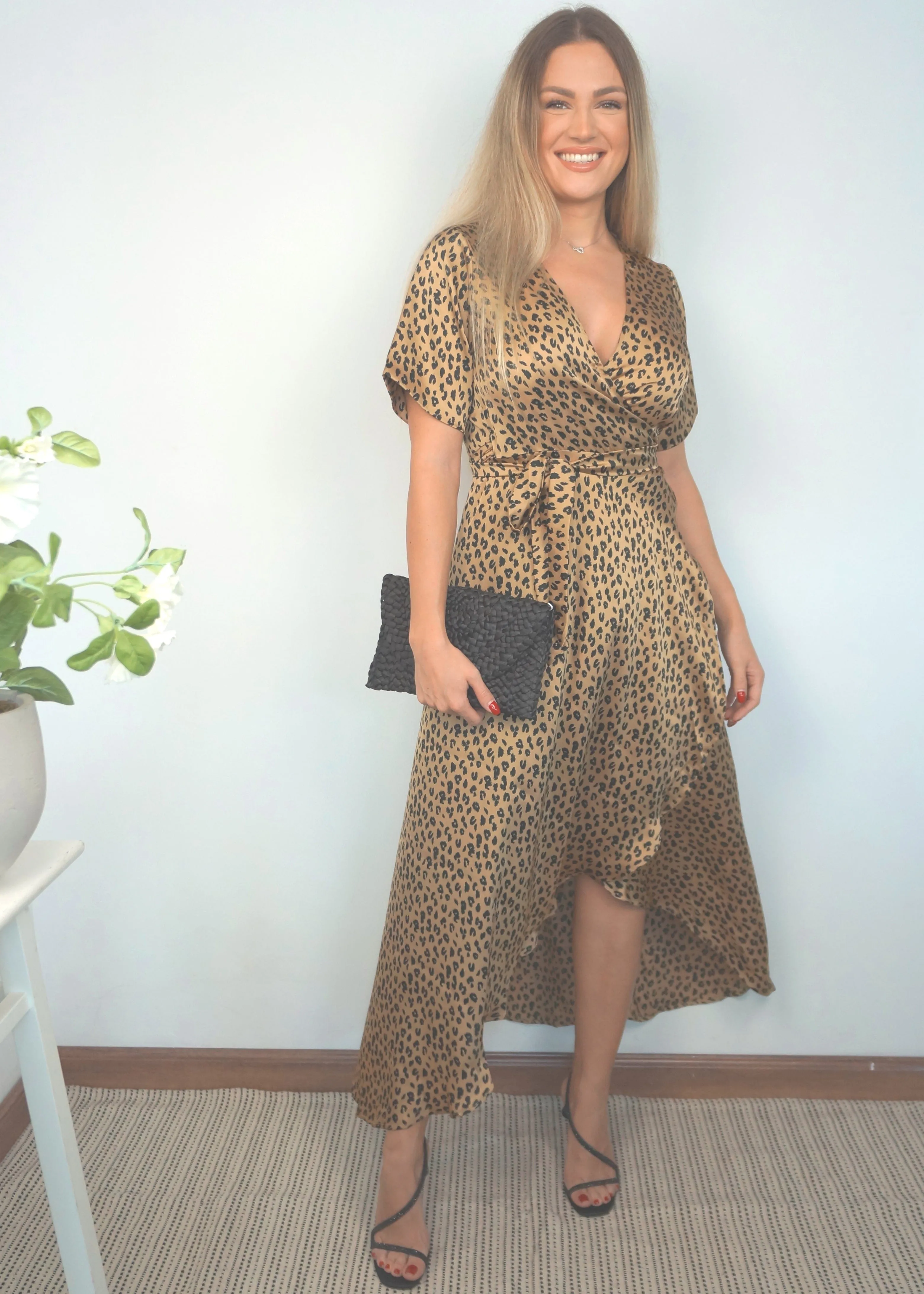 The Satin Wrap Dress - Leopard Gold