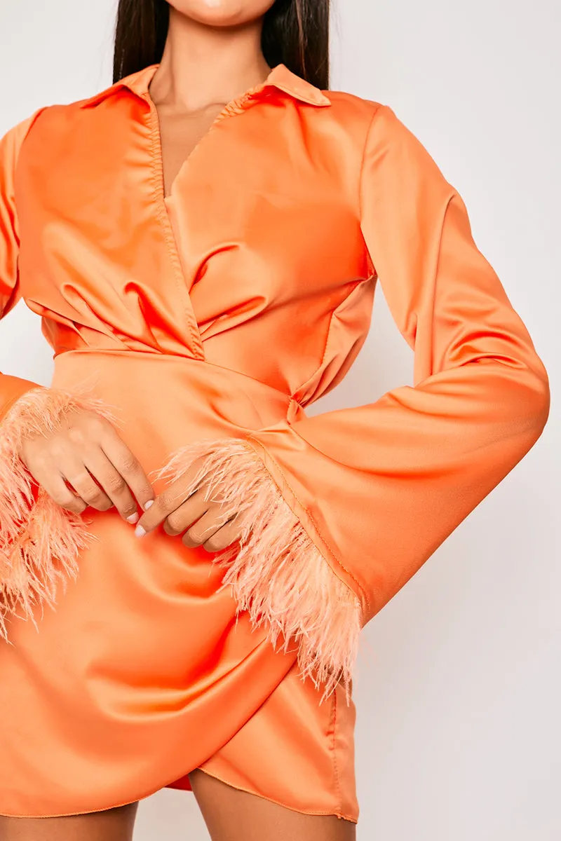 Toira - Orange Satin Feather Mini Dress