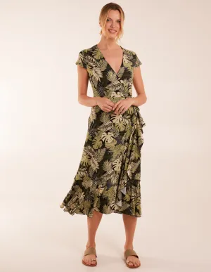 Tropical Print Wrap Front Midi Dress