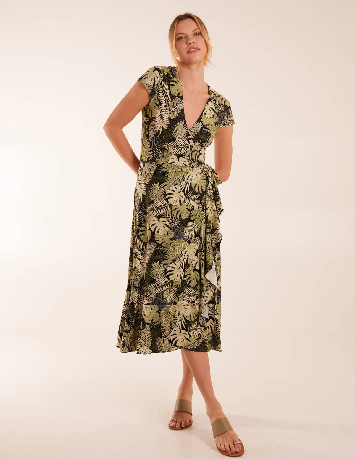 Tropical Print Wrap Front Midi Dress