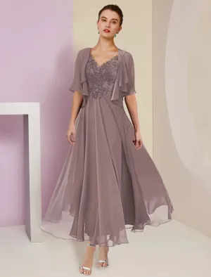 Two Piece A-Line Mother of the Bride Dress Formal Fall Wedding Guest Elegant V Neck Tea Length Lace Short Sleeve Wrap Included with Pleats Appliques
