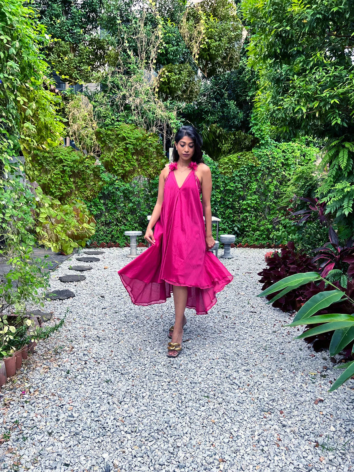 Twyla Backless Strappy Dress with Bralette Top - Hot Pink Chanderi