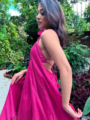 Twyla Backless Strappy Dress with Bralette Top - Hot Pink Chanderi
